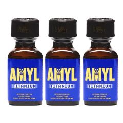 Three bottles of Amyl Titanium Leather Cleaner 24ml arranged in a neat row, each with a secure safety seal.